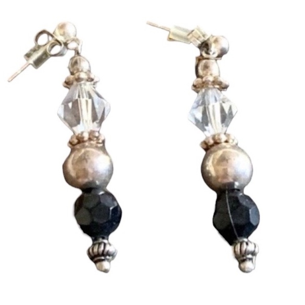 Elegant 925 Silver Bead Black Crystal Dangle Post Earrings Woman’s Jewelry